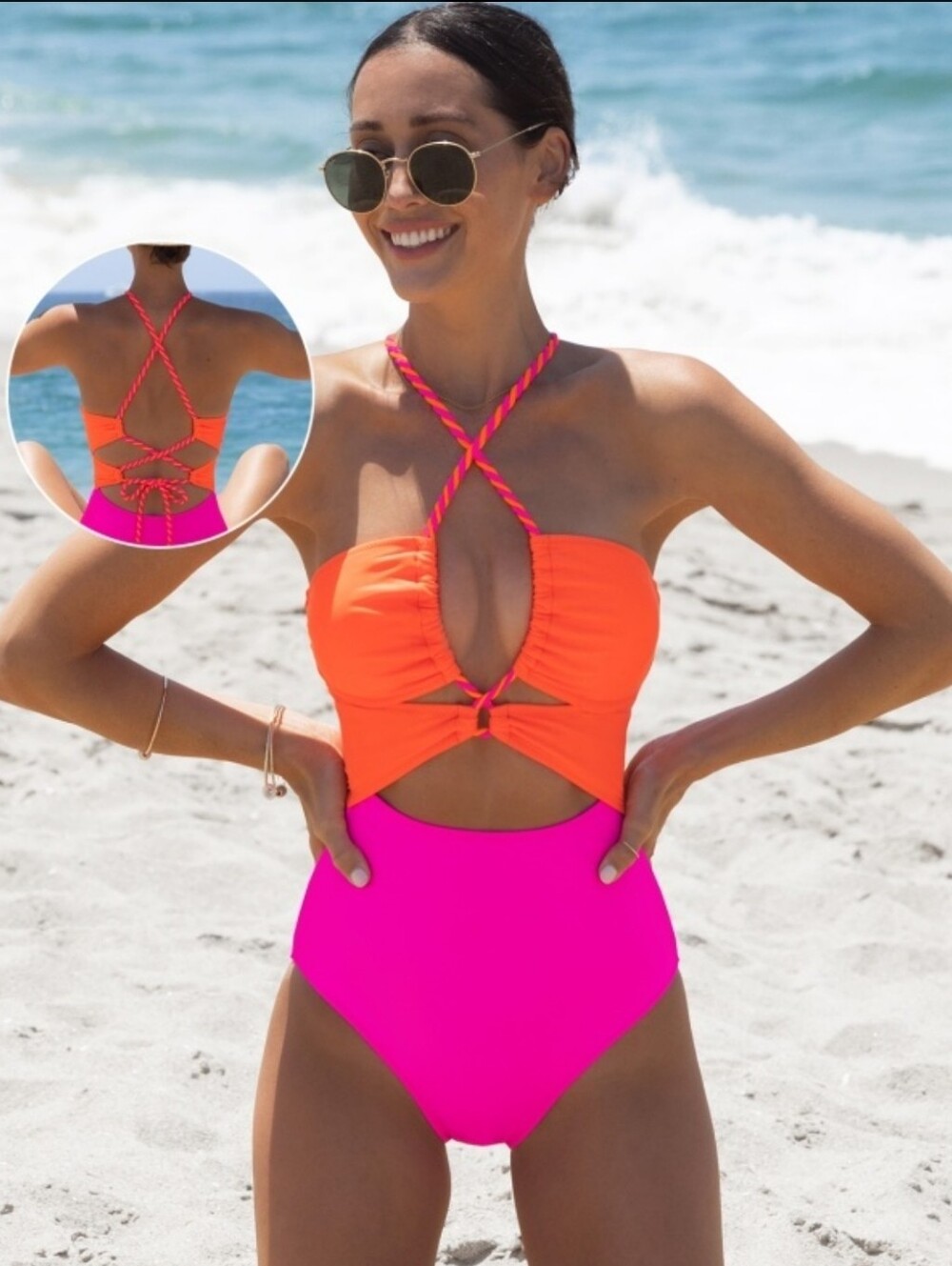POPVIL Neon Colorblock Cut Out Lace Up Back One Piece Swimsuit XL Pink Orange